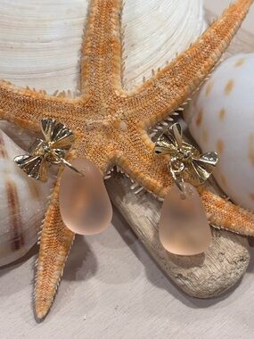 Gold Bow Peach/Light Orange Sea Glass Drop Earrings
